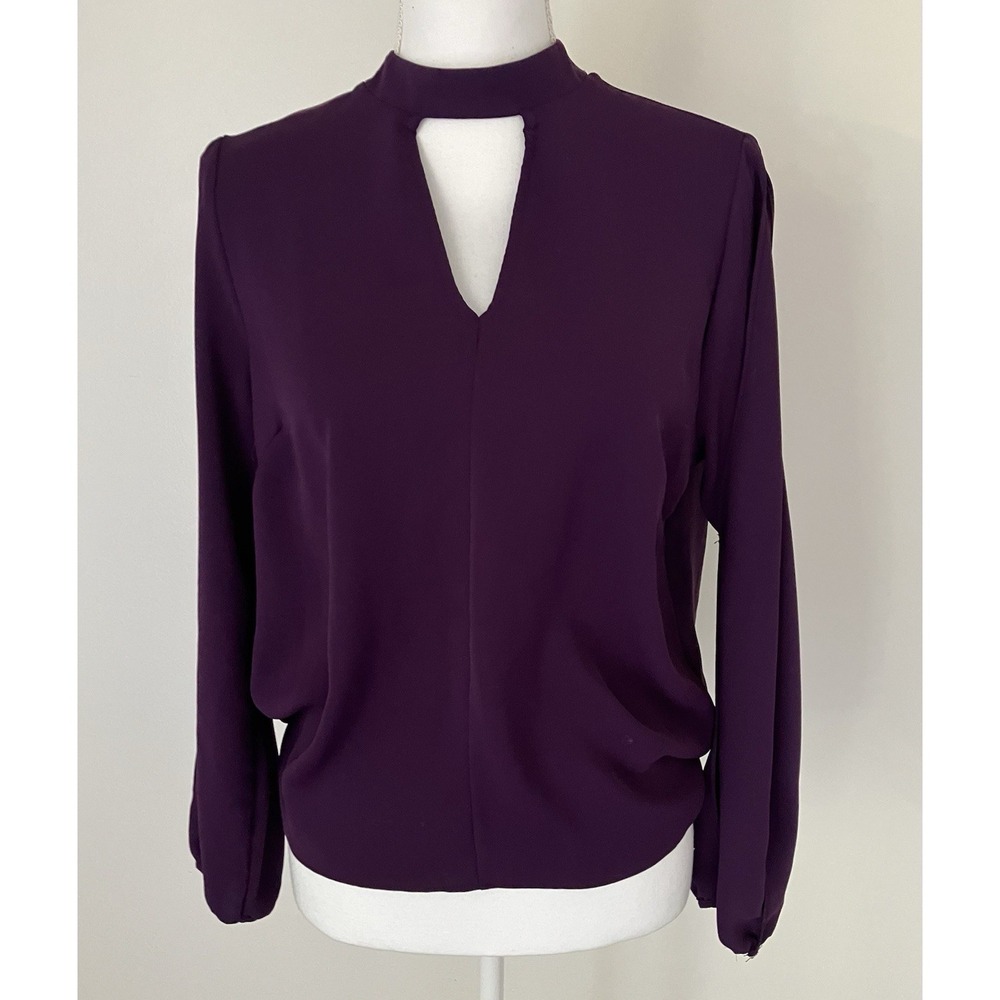 Everly Plum Purple Mock Neck Keyhole Split Sleeve Open Back Blouse Sz S